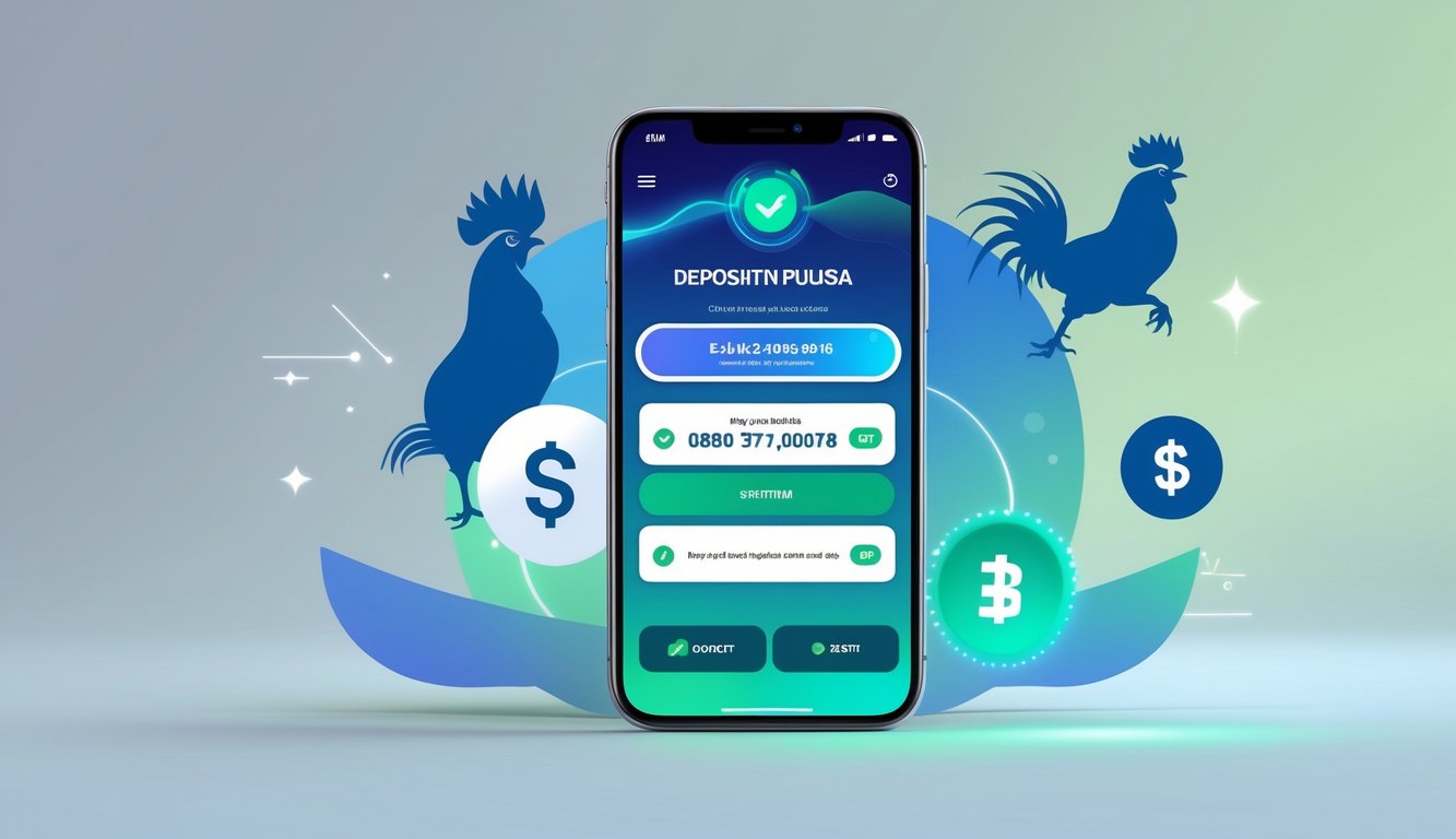 Ponsel modern dengan layar aplikasi deposit pulsa dikelilingi oleh ilustrasi ayam sabung dan simbol transaksi digital.