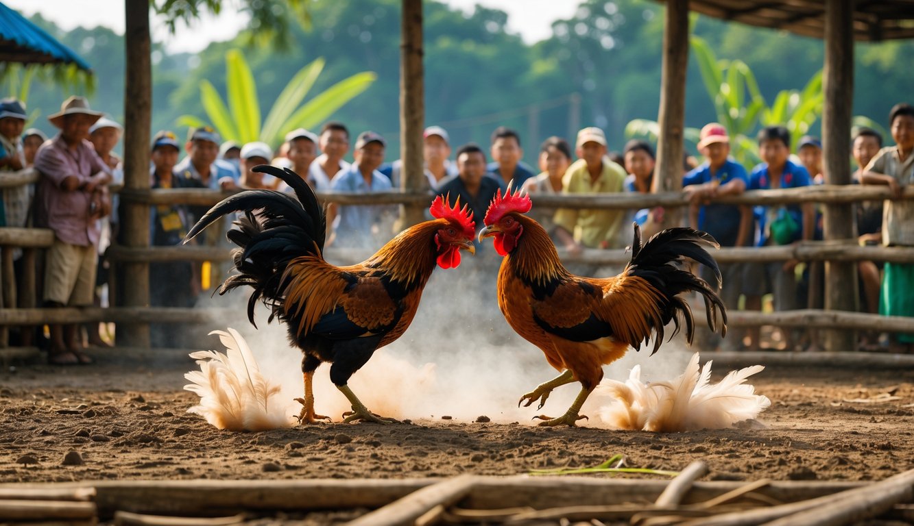 Arena sabung ayam dengan dua ayam jago bertarung dan penonton yang antusias di sekitarnya.