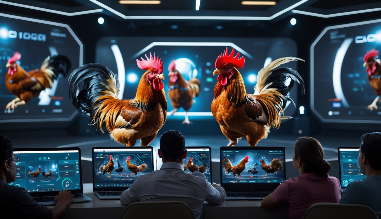 Suasana arena sabung ayam online dengan beberapa orang menonton pertandingan ayam jago di layar komputer dan ponsel.