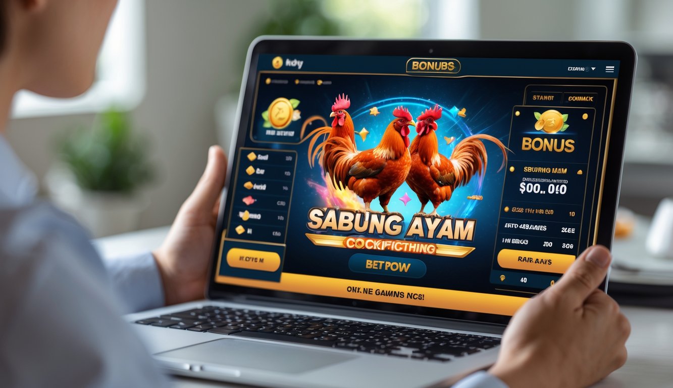 Orang menggunakan ponsel pintar untuk bermain Sabung Ayam online dengan tampilan grafis ayam jago di layar.