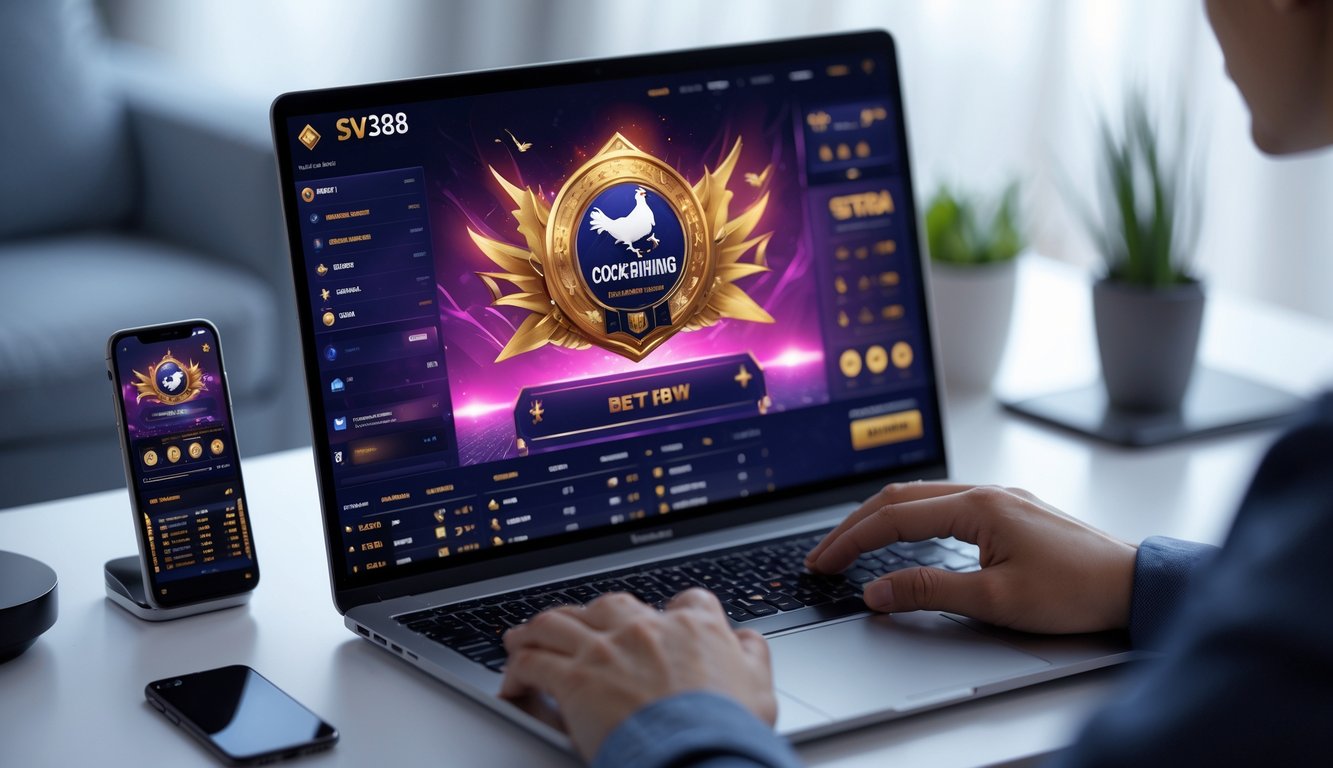 Seseorang menggunakan laptop dengan tampilan platform taruhan sabung ayam SV388 di meja yang rapi.