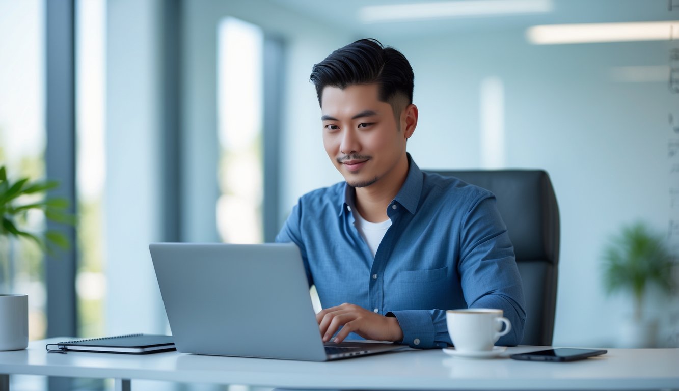 Seorang pria Asia Tenggara duduk di meja kantor modern menggunakan laptop dengan latar belakang jendela yang terang.