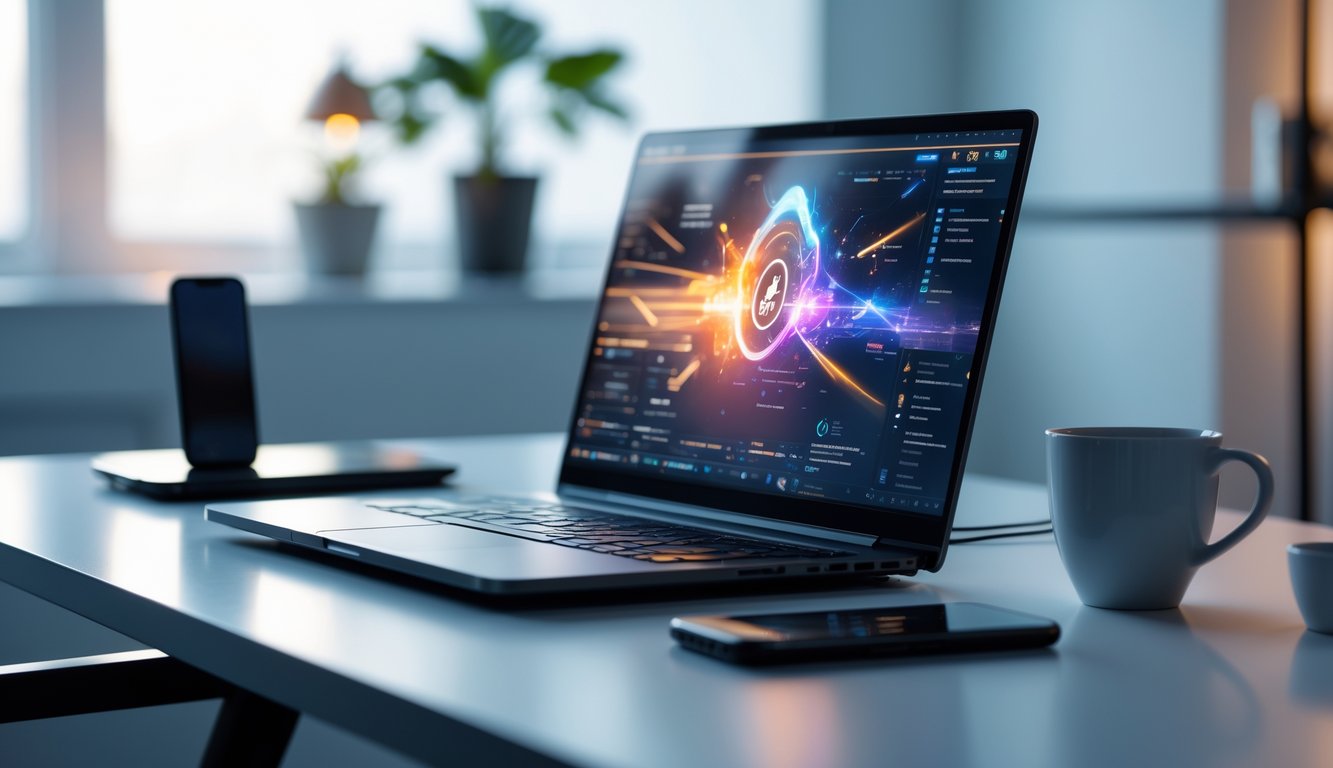 Sebuah laptop di meja modern dengan layar menampilkan grafik abstrak dan perangkat pendukung di sekitarnya.