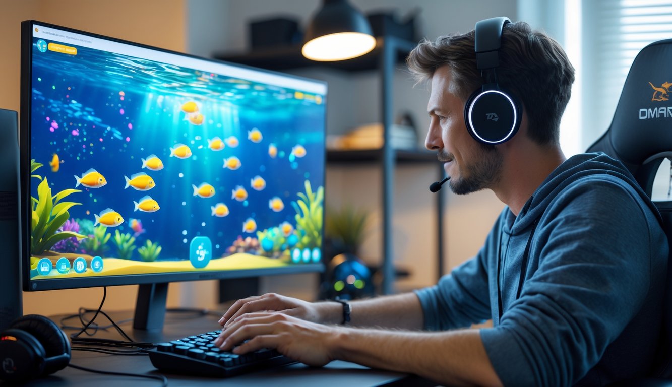 Seorang gamer dewasa sedang bermain permainan tembak ikan online di komputer di ruang kerja rumah yang rapi.