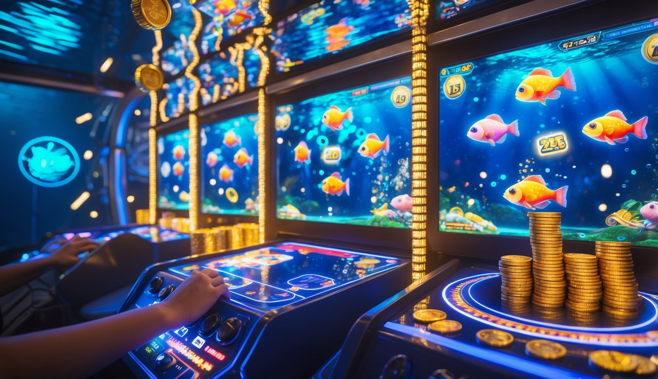 Sebuah mesin permainan tembak ikan dengan ikan berwarna-warni dan efek cahaya yang menunjukkan kemenangan jackpot besar.