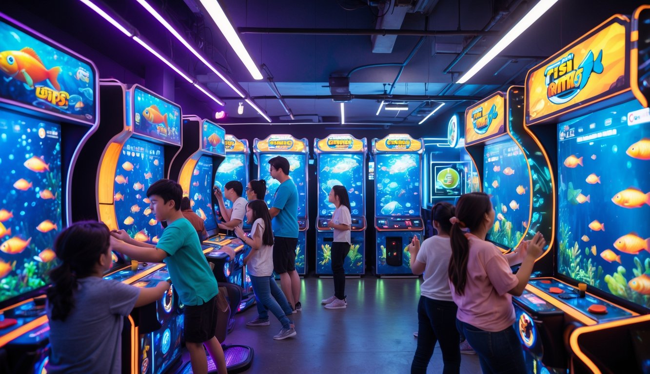 Orang-orang bermain permainan tembak ikan di pusat permainan indoor dengan mesin warna-warni dan lampu neon.
