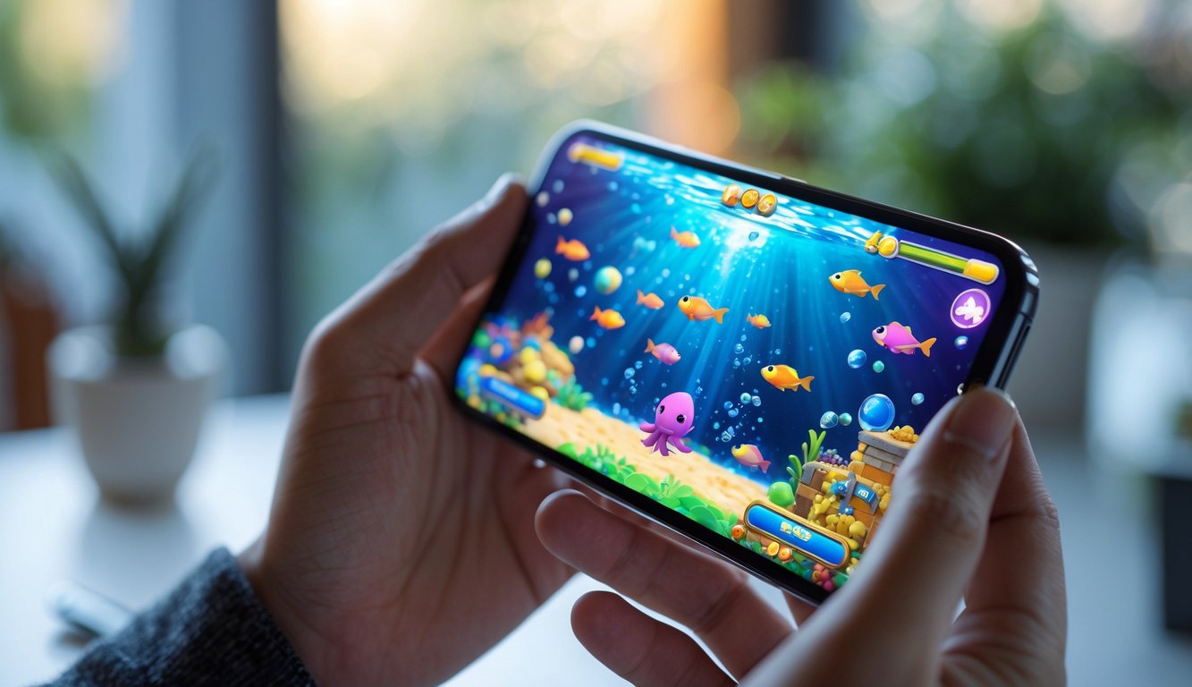 Seseorang memegang ponsel yang menampilkan permainan ikan berwarna-warni di layar.