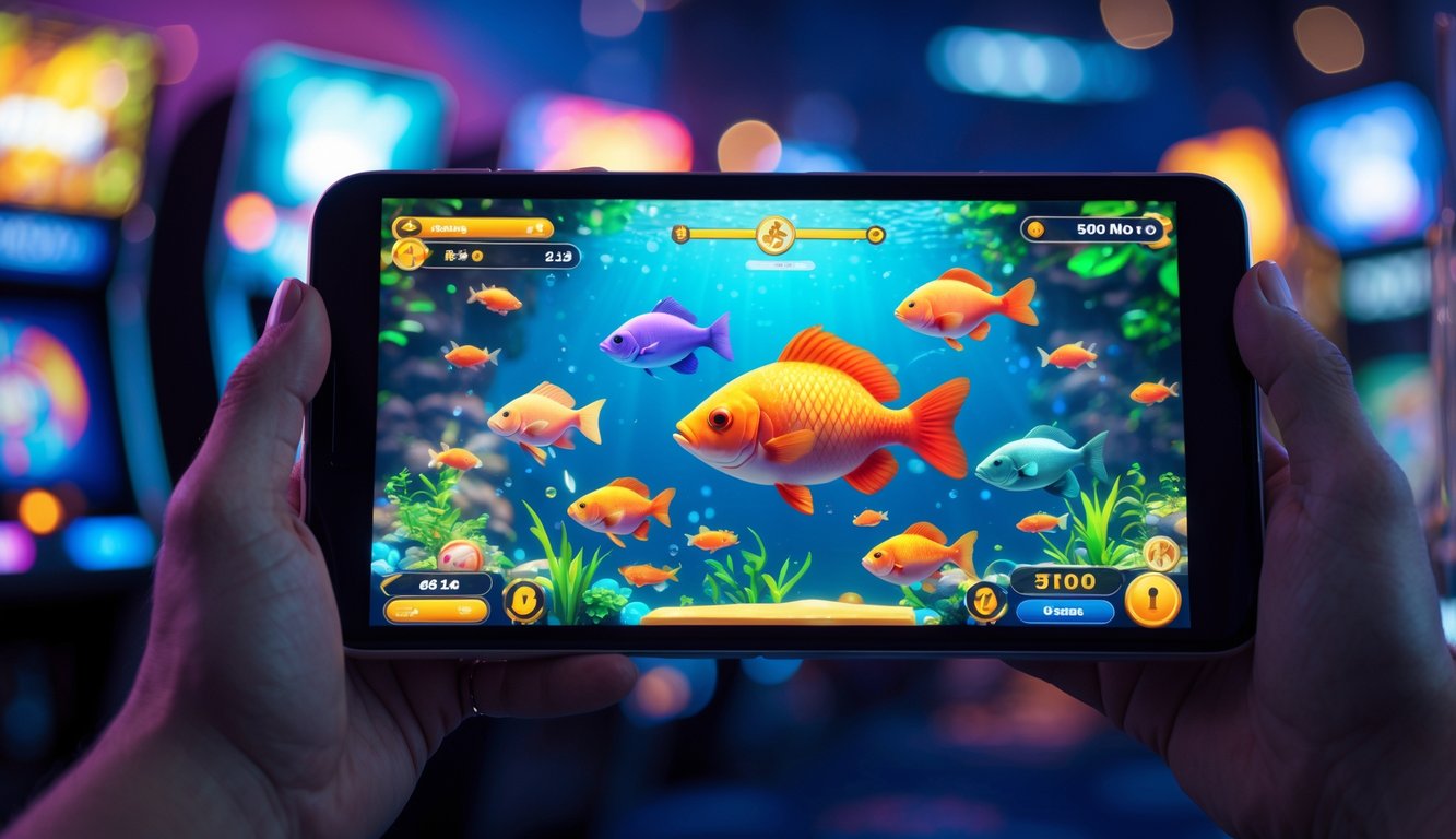 Layar perangkat digital menampilkan permainan tembak ikan dengan ikan berwarna-warni berenang, di latar belakang suasana permainan kasino yang modern.