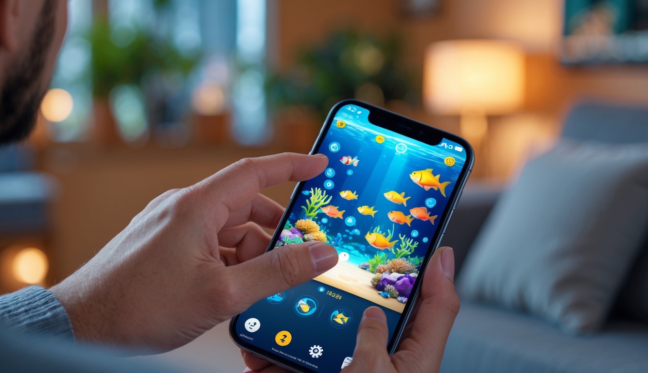 Seseorang memegang smartphone yang menampilkan permainan menembak ikan dengan latar belakang ruangan yang nyaman.