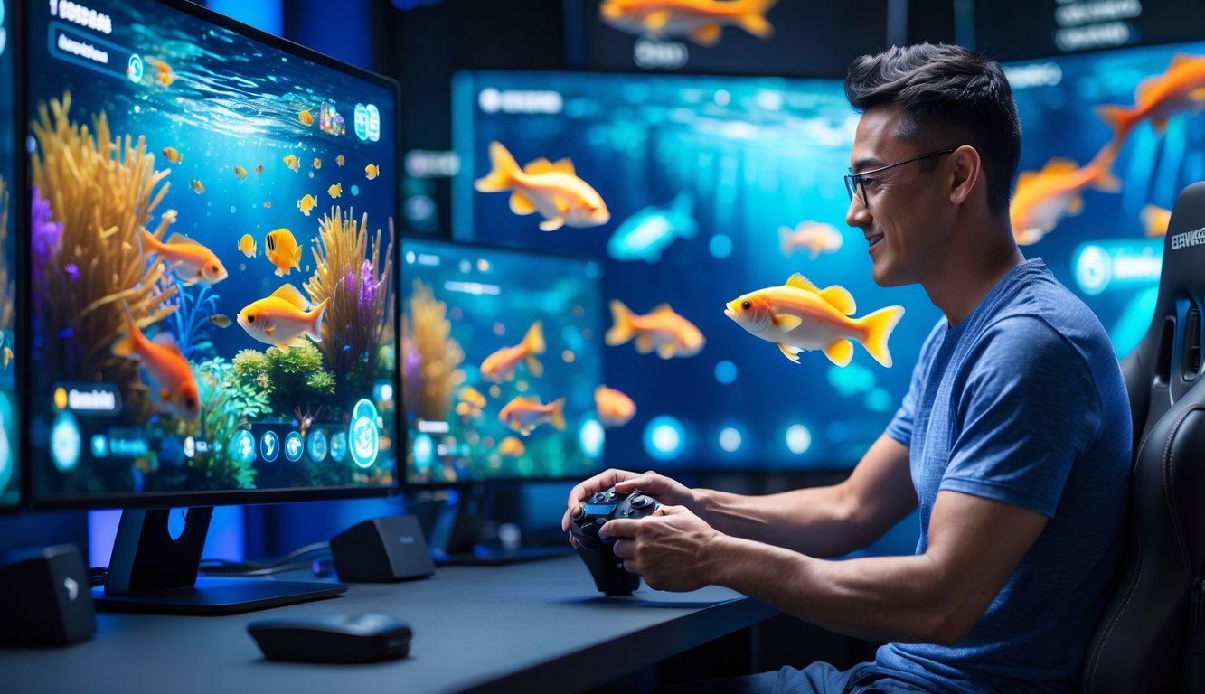 Seorang pemain dewasa sedang menggunakan perangkat gaming dengan layar menampilkan permainan tembak ikan berwarna-warni di lingkungan gaming modern.