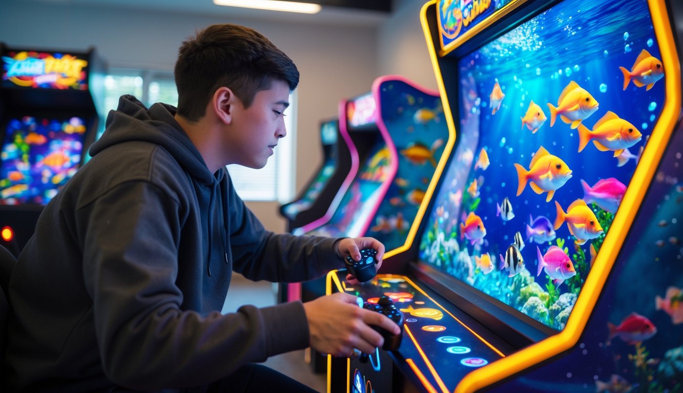 Seseorang sedang bermain permainan tembak ikan di mesin arcade dengan latar belakang warna-warni dan ikan di layar.