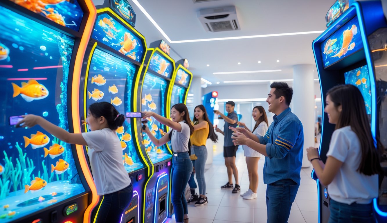 Orang-orang bermain permainan tembak ikan di pusat permainan modern dengan mesin arcade berwarna-warni dan layar digital.