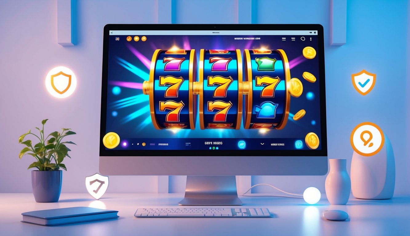 Suasana ruang kerja modern dengan komputer menampilkan grafik mesin slot berwarna-warni dan simbol yang berputar, menggambarkan pengalaman permainan slot online yang terpercaya.