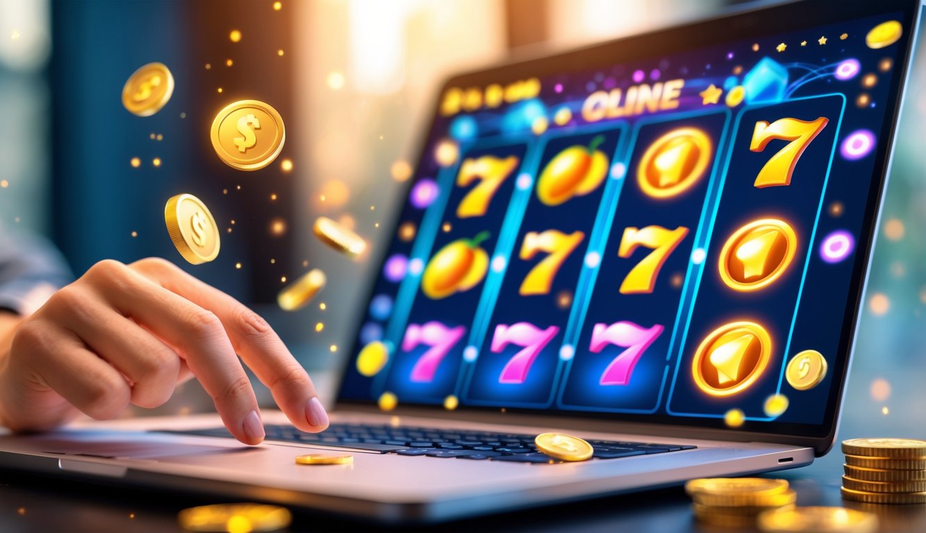 Seseorang sedang bermain mesin slot online dengan layar komputer menampilkan gulungan simbol berwarna cerah dan koin emas yang berkilauan.