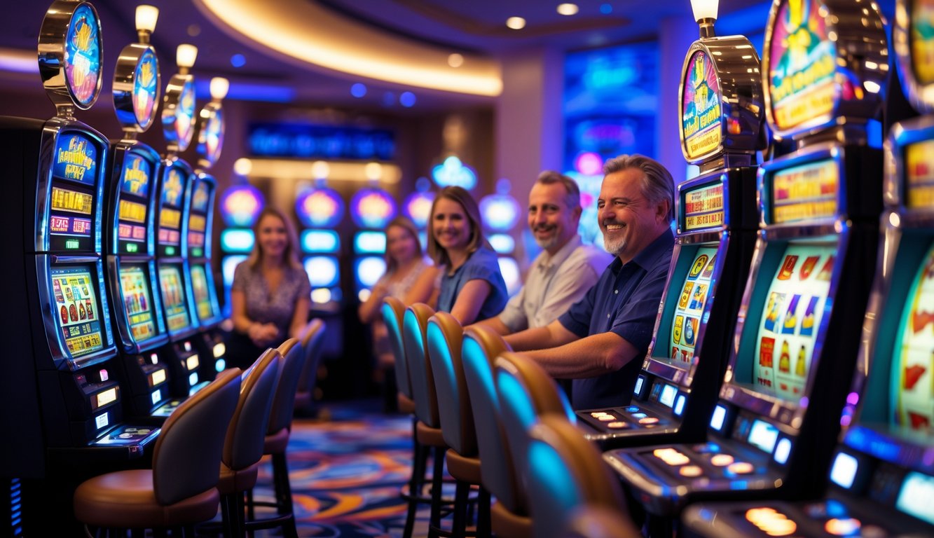 Suasana kasino dengan mesin slot yang menyala dan orang-orang bermain dengan ekspresi antusias.