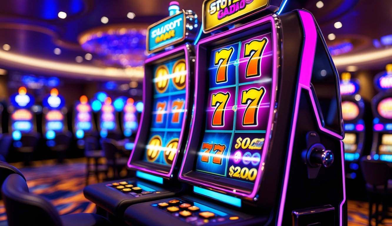 Mesin slot modern dengan lampu berwarna-warni di dalam kasino yang mewah dan ramai.