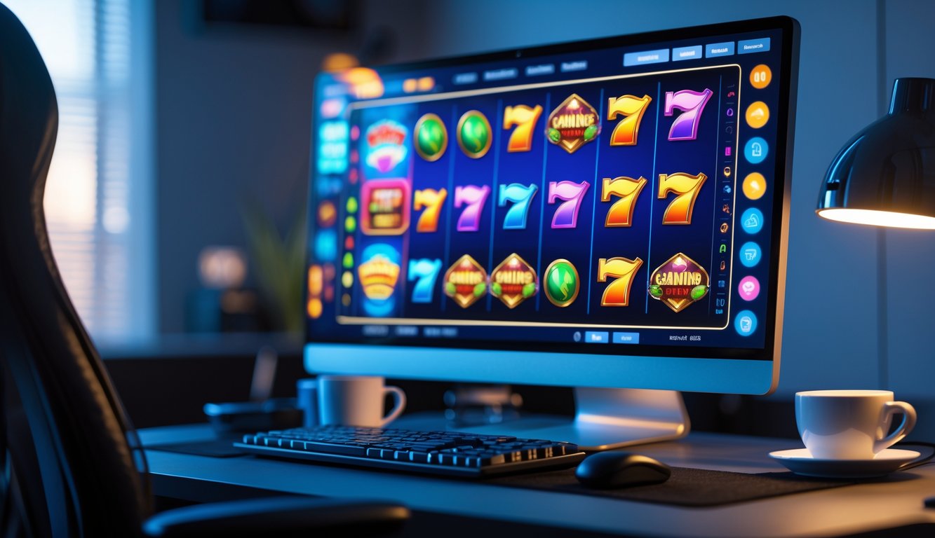 Sebuah meja kerja dengan komputer menampilkan permainan mesin slot online dengan grafik berwarna-warni dan suasana yang nyaman.