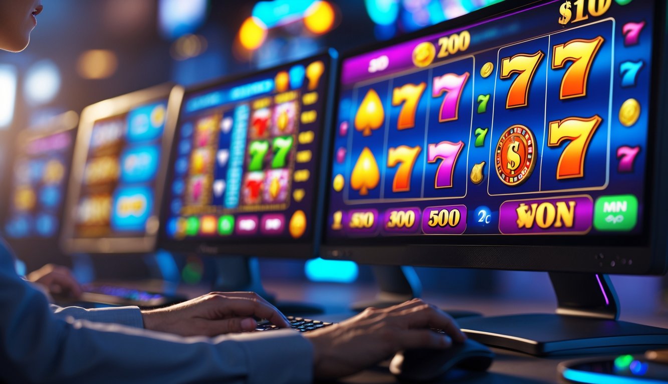 Seorang pemain sedang menggunakan komputer dengan tampilan permainan slot online berwarna-warni di layar.