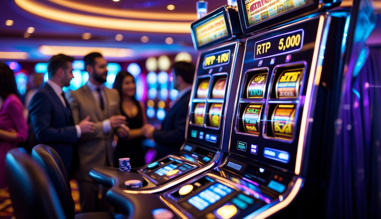 Orang-orang bermain mesin slot di dalam kasino yang mewah dengan lampu berwarna-warni.