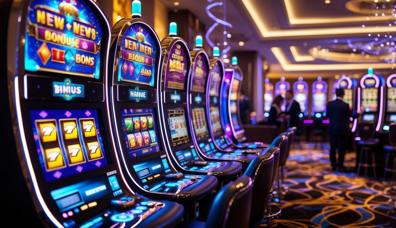 Suasana kasino modern dengan mesin slot berwarna cerah dan pemain yang sedang bermain.