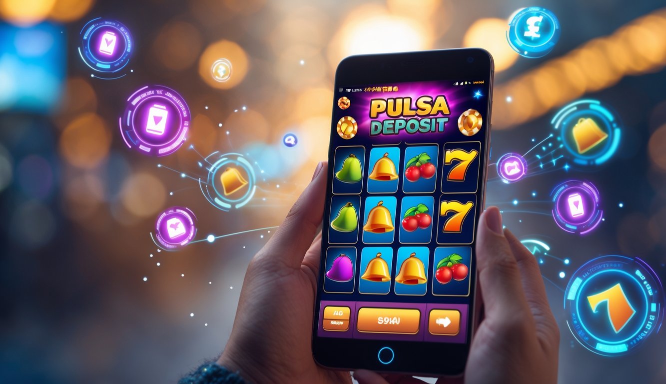 Seseorang memegang ponsel yang menampilkan permainan slot dengan latar belakang yang samar dan ikon pembayaran digital mengambang di sekitarnya.