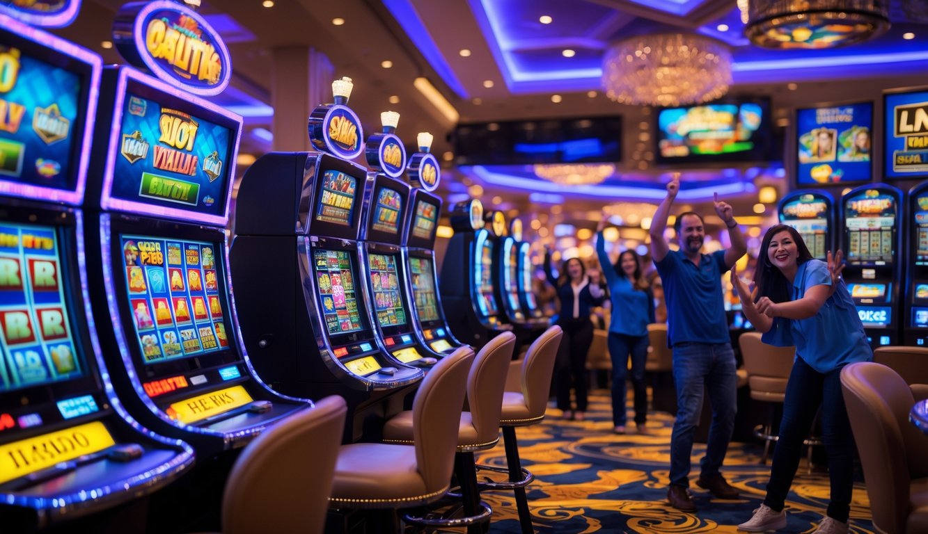 Area mesin slot kasino modern dengan lampu terang dan orang-orang merayakan kemenangan jackpot.