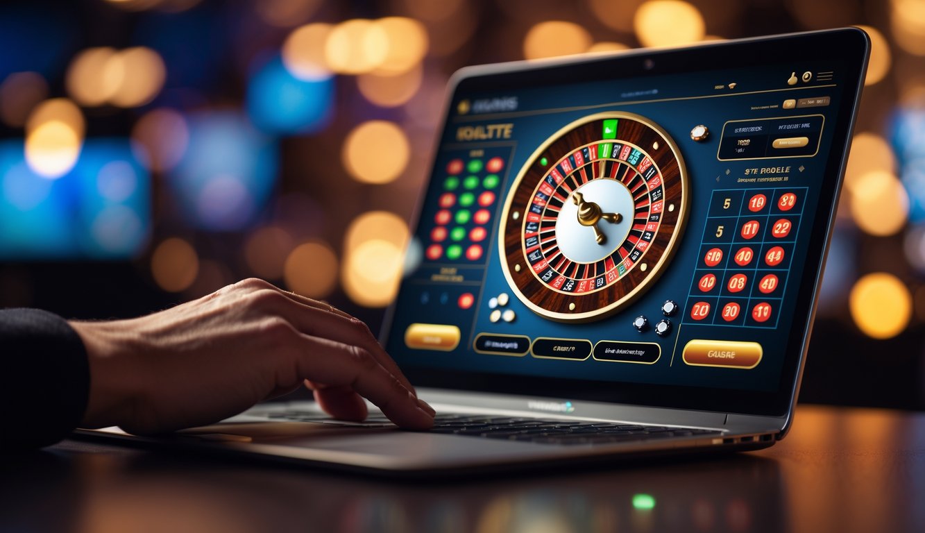 Seseorang menggunakan komputer dengan tampilan roda roulette online yang jelas dan menarik di layar.