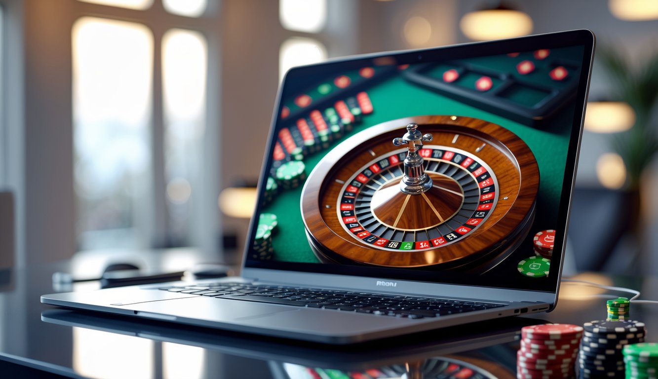 Sebuah meja dengan komputer yang menampilkan roda roulette online yang berputar dengan chip kasino di sekitarnya.