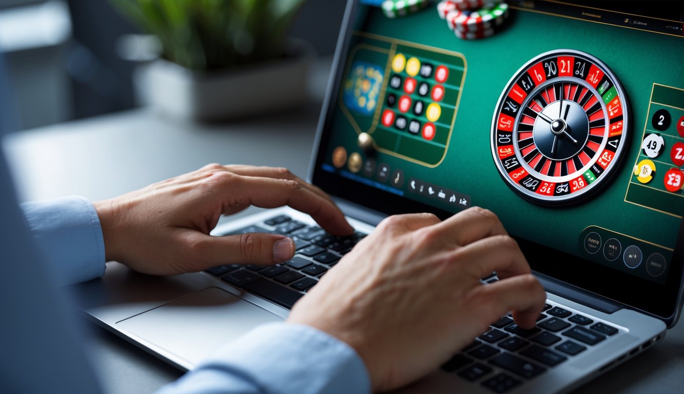 Tangan seseorang bermain roulette online di laptop dengan tampilan roda roulette dan chip taruhan.