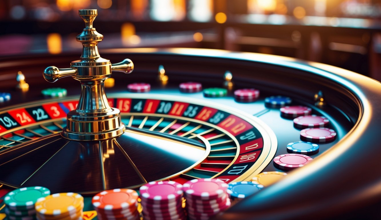 Meja roulette dengan roda roulette berputar dan bola putih yang hampir berhenti, dikelilingi oleh tumpukan chip warna-warni di kasino.