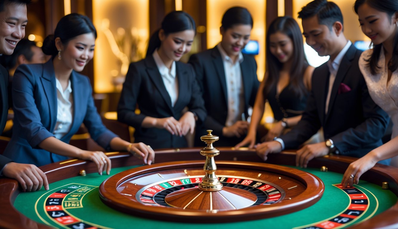 Meja roulette langsung dengan pemain yang fokus di kasino yang elegan di Indonesia.