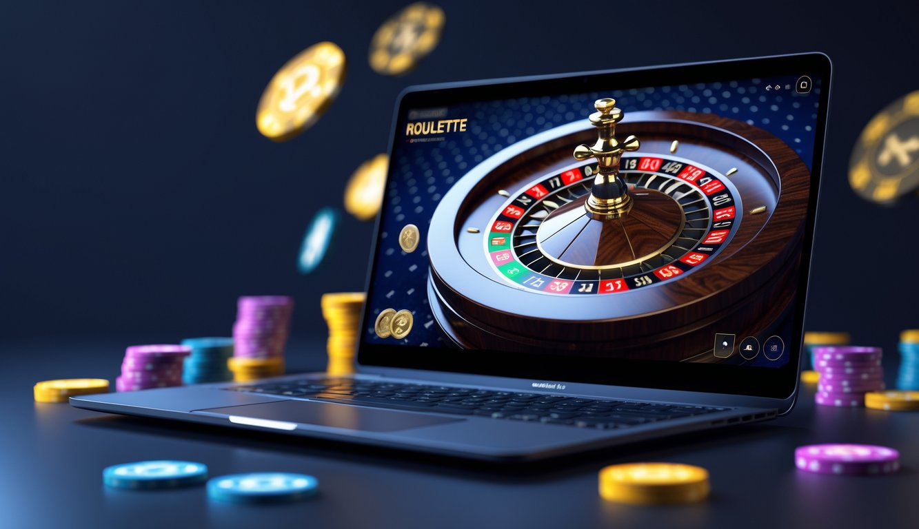 Sebuah komputer menampilkan permainan roulette online dengan roda roulette berputar dan bola putih kecil di layar.