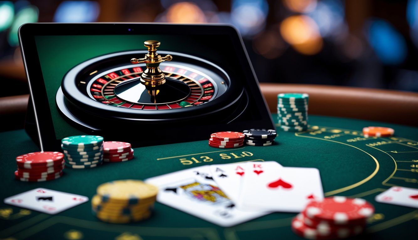 Layar komputer menampilkan roda roulette digital dengan chip kasino di sekitarnya.