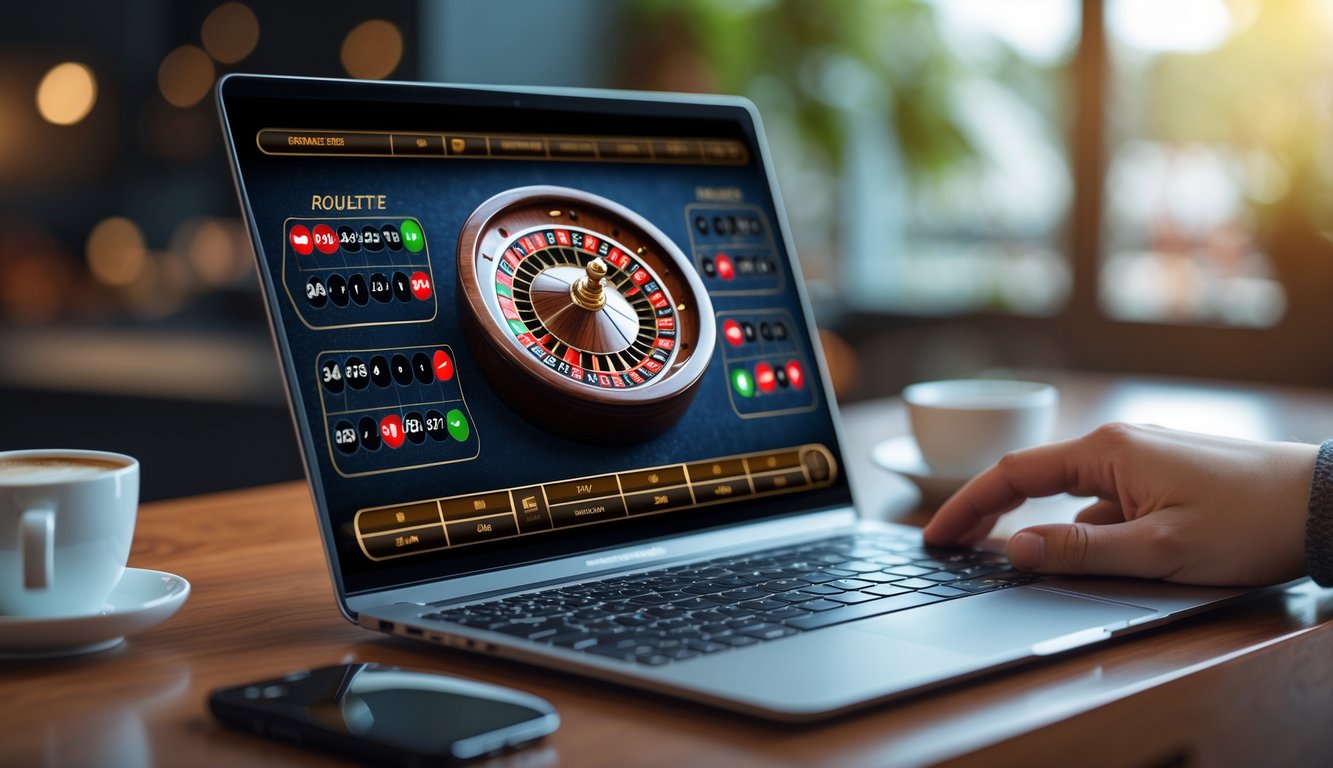 Layar laptop menampilkan permainan roulette online dengan bola putih di roda roulette, di atas meja kayu dengan cangkir kopi di sampingnya.