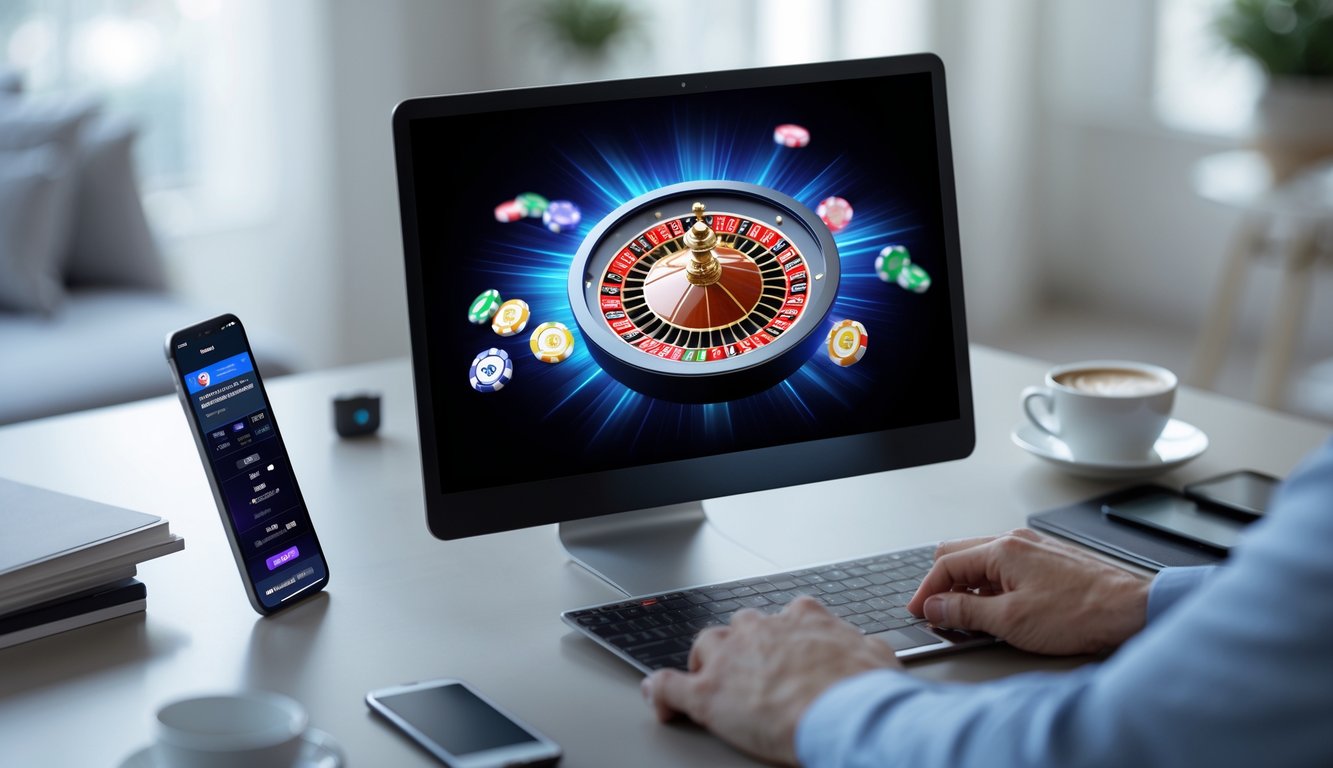 Sebuah komputer menampilkan roda roulette digital yang berputar dengan warna cerah di meja kerja modern.