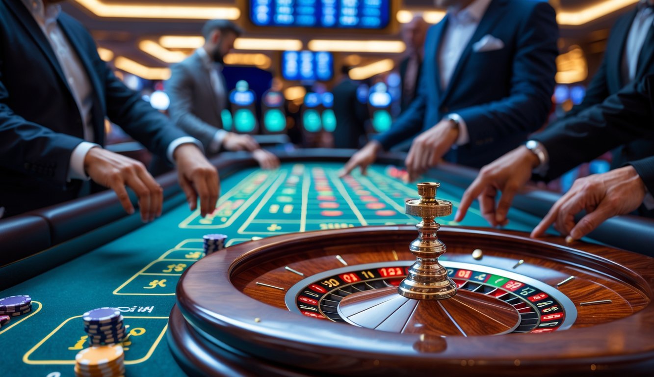 Meja roulette kasino modern dengan pemain yang meletakkan chip, bola putih berputar di roda roulette.