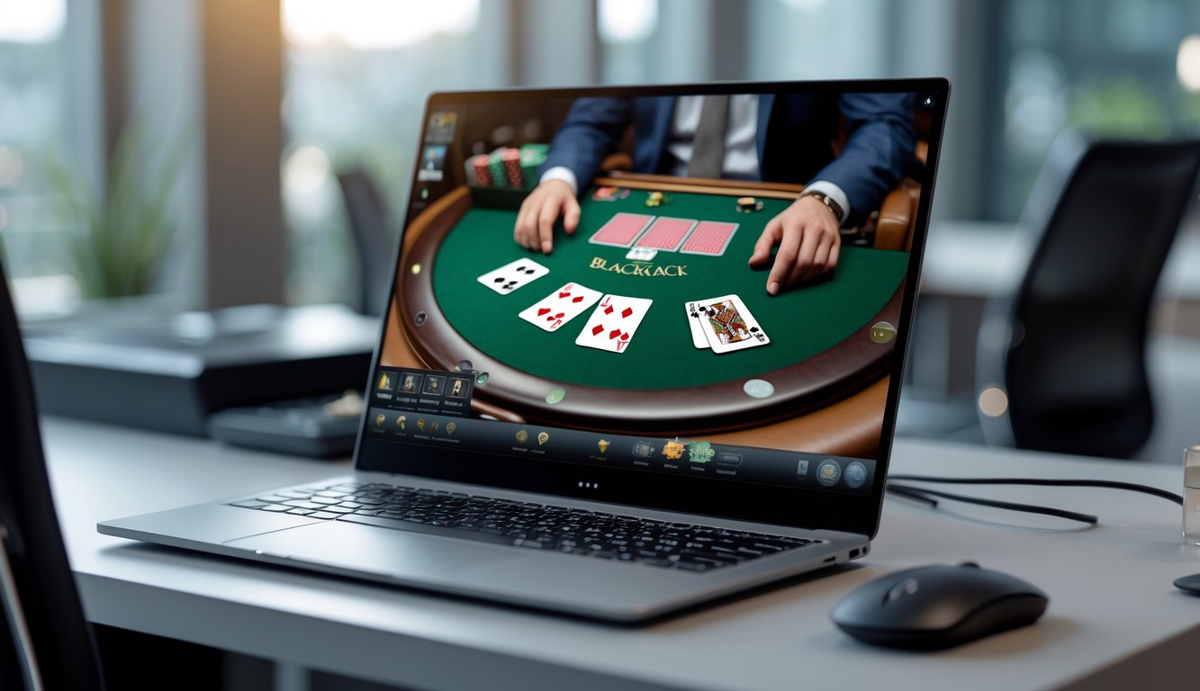 Sebuah meja blackjack online dengan layar komputer menampilkan kartu dan chip dalam permainan blackjack.