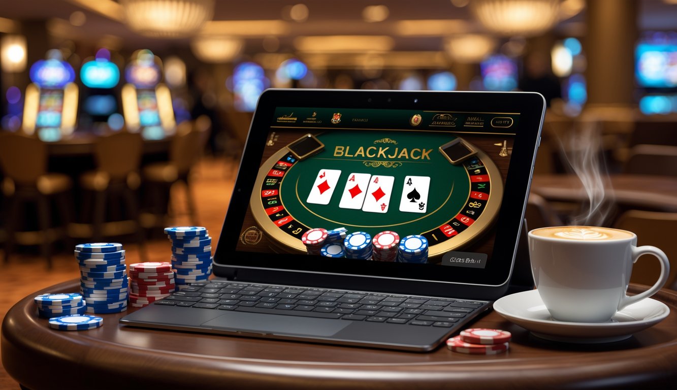Suasana kasino mewah dengan perangkat digital menampilkan permainan blackjack online di atas meja kayu, dikelilingi chip poker dan secangkir kopi.