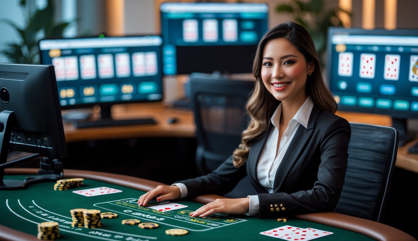 Seorang dealer wanita yang tersenyum duduk di meja blackjack dengan kartu dan chip, di depan layar komputer yang menampilkan permainan blackjack online.
