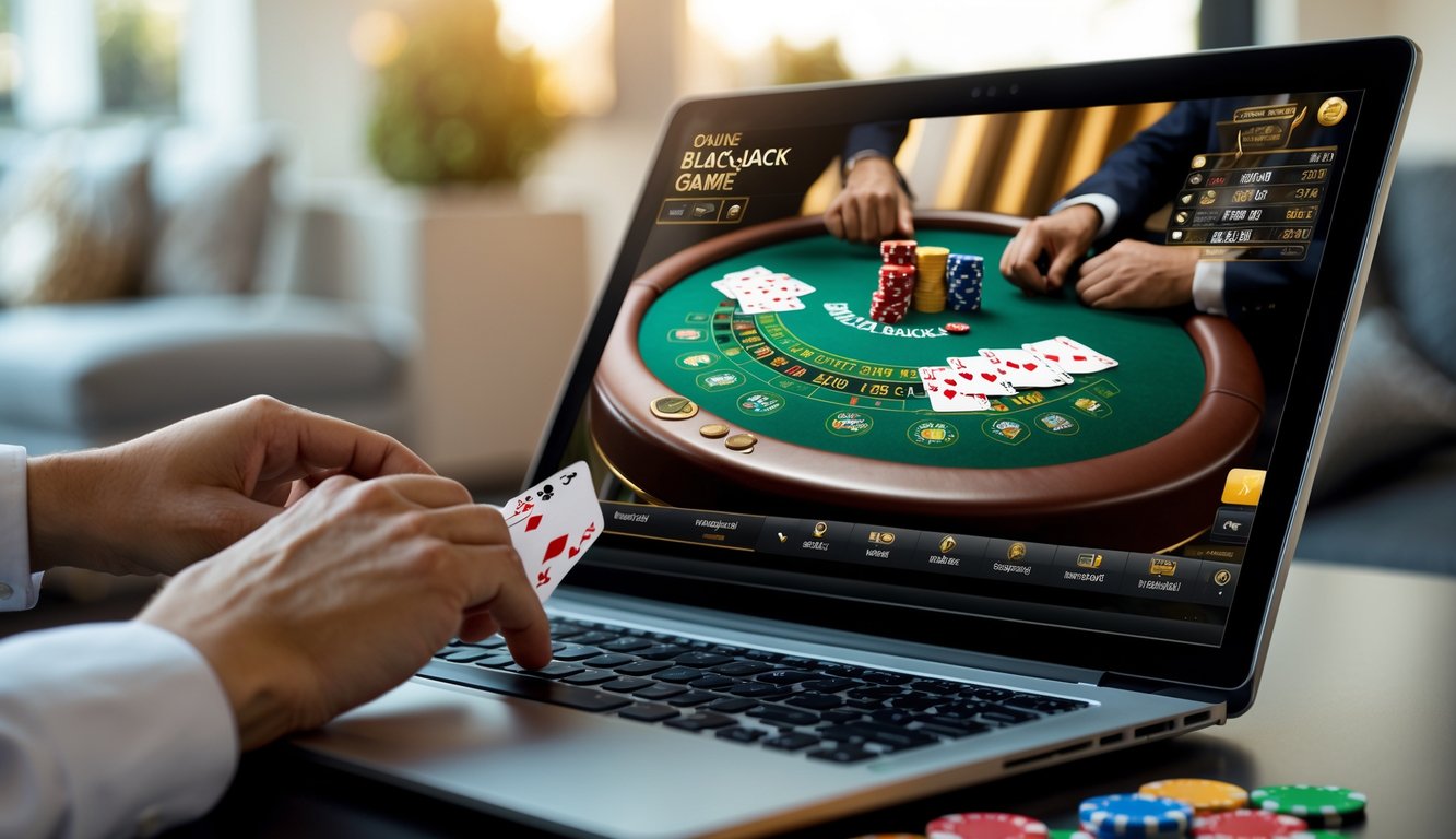 Seseorang bermain blackjack online menggunakan komputer dengan kartu dan chip di meja permainan.