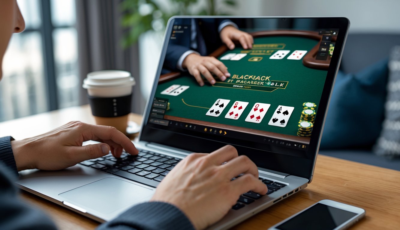 Seseorang sedang bermain blackjack online di laptop dengan layar menampilkan meja blackjack digital dan kartu.