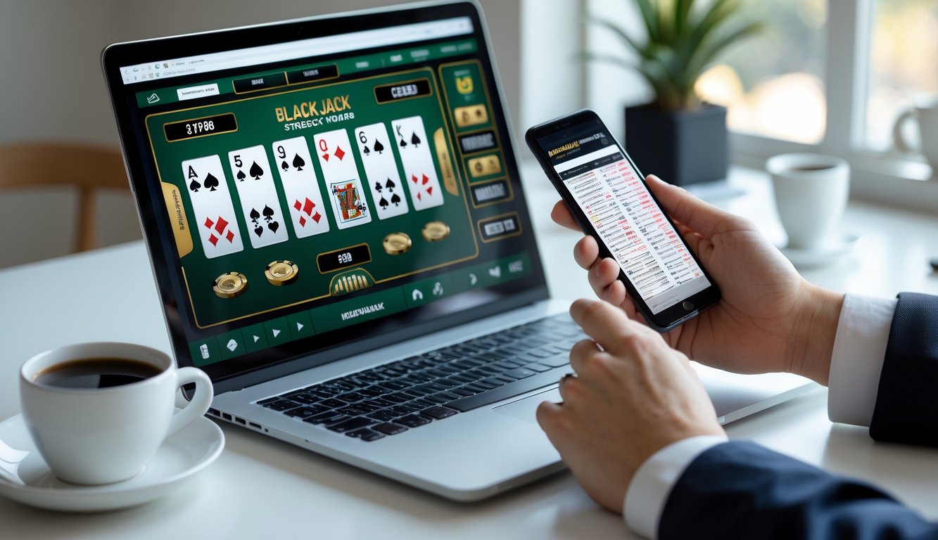 Seseorang menggunakan laptop dan ponsel untuk melihat strategi permainan blackjack online di meja kerja yang rapi.