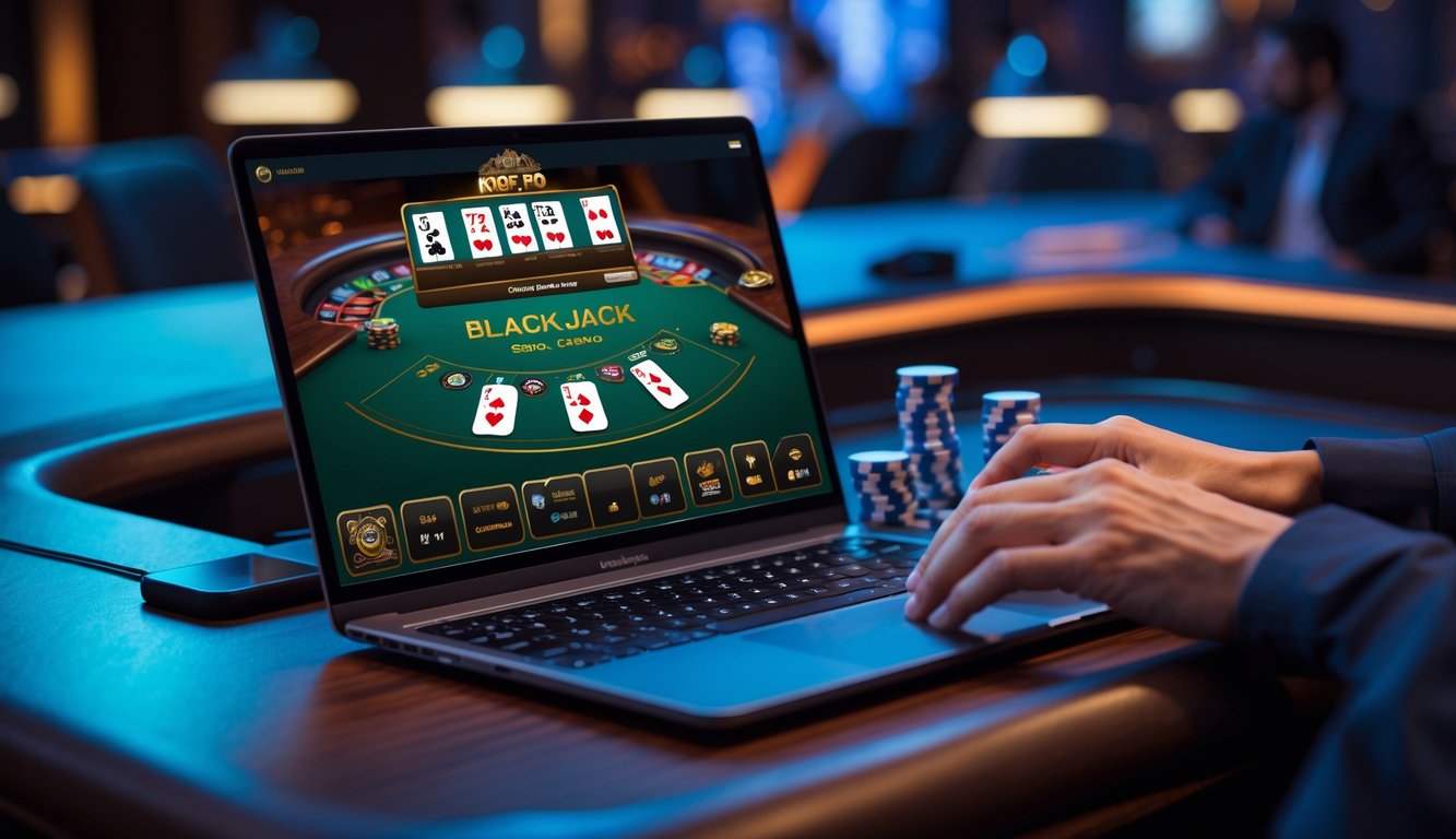 Seorang pemain menggunakan laptop untuk bermain blackjack online dengan kartu dan chip terlihat di layar.