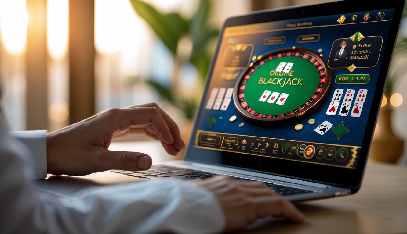 Seseorang bermain blackjack online di depan komputer dengan latar belakang ruangan yang nyaman.