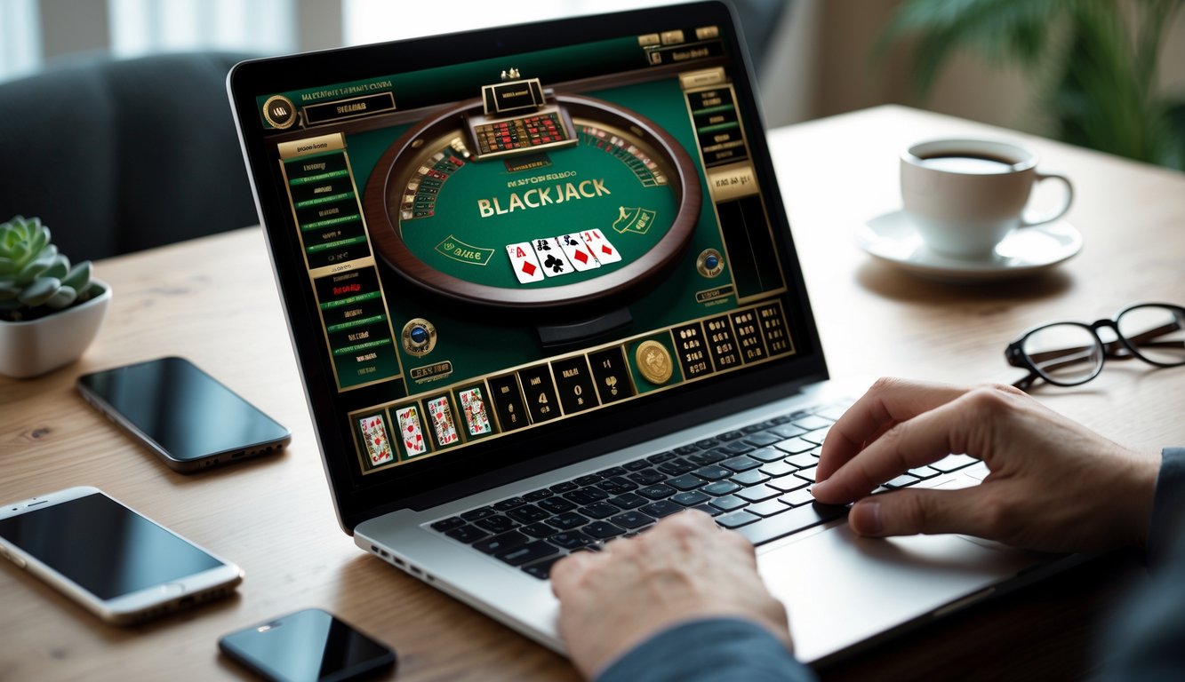Seorang pengguna bermain blackjack online di laptop di atas meja kayu dengan suasana nyaman dan fokus.