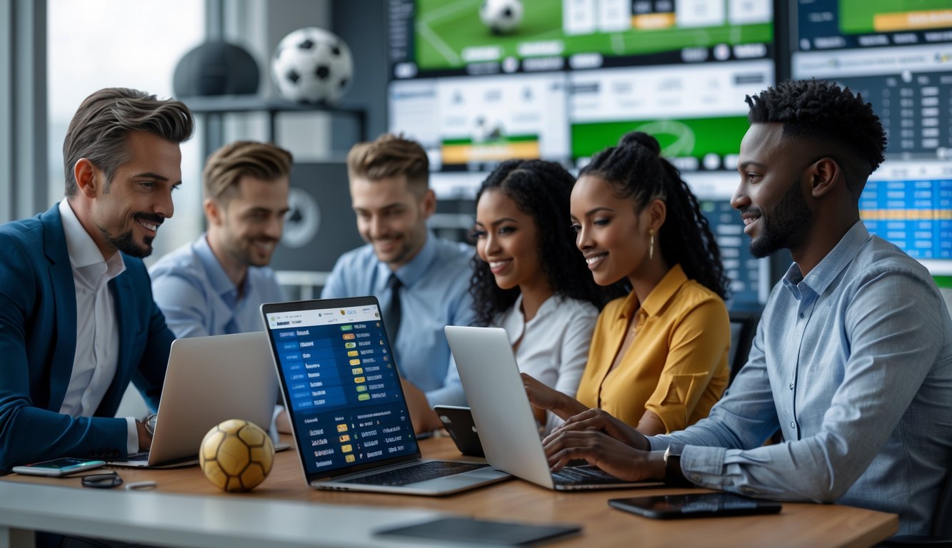 Sekelompok orang sedang menggunakan perangkat digital untuk bertaruh sepak bola secara online di sebuah kantor modern.