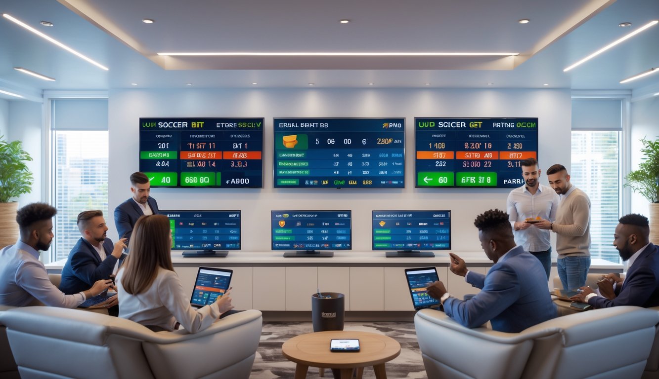 Beberapa orang sedang melihat layar besar yang menampilkan pertandingan sepak bola dan data taruhan dalam ruangan modern.