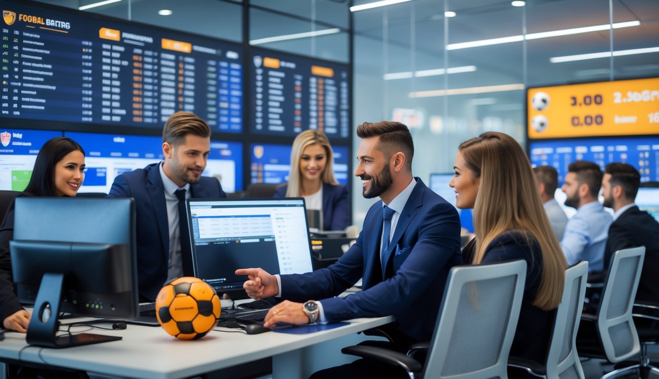 Orang-orang di kantor agen taruhan sepak bola sedang berdiskusi dan melihat layar komputer dengan data pertandingan sepak bola.