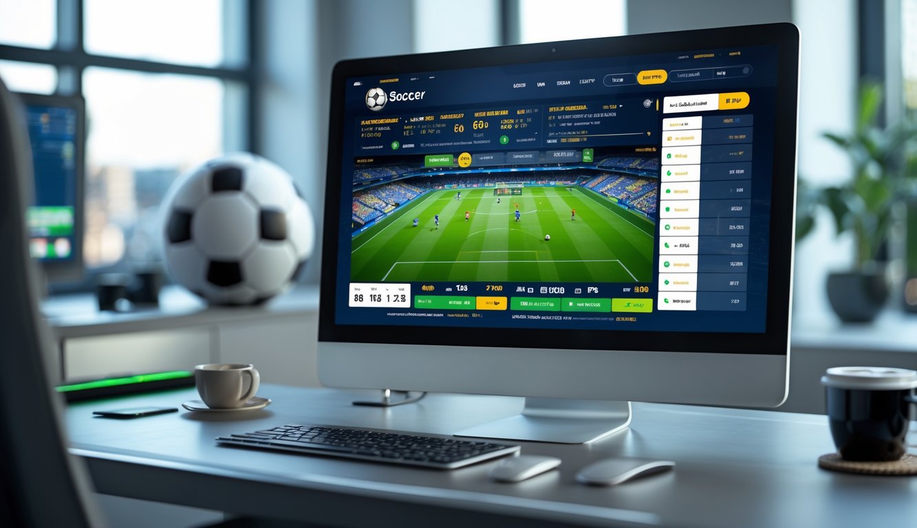 Sebuah ruang kerja modern dengan layar komputer yang menampilkan antarmuka taruhan sepak bola online dan elemen terkait sepak bola di sekitarnya.