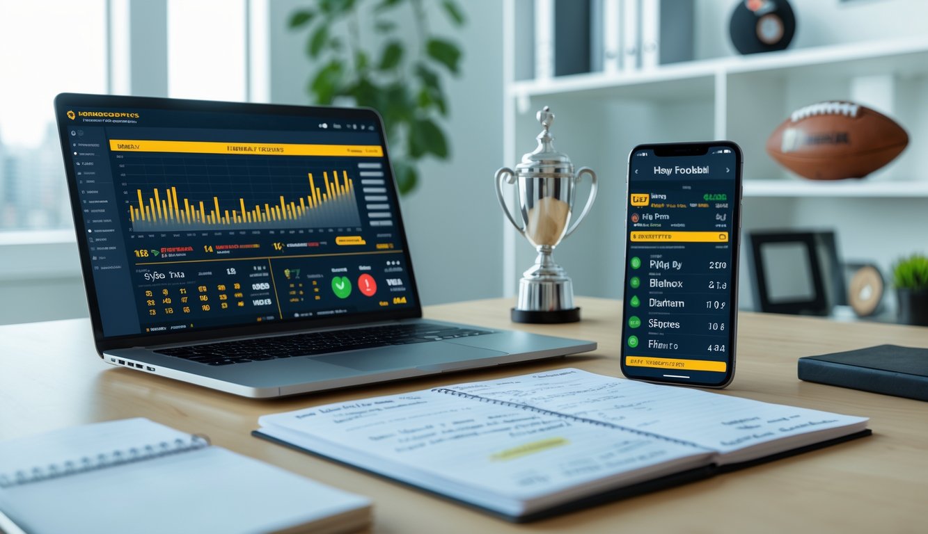Meja kerja modern dengan laptop, ponsel, dan catatan yang menampilkan data terkait prediksi pertandingan sepak bola.